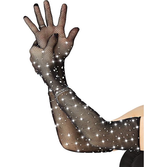 PIKADINGNIS Women Fishnet Rhinestone Gloves Fingerless Kids Fish Net Arm Sleeve Warmers 80s Emo Scene Accessories