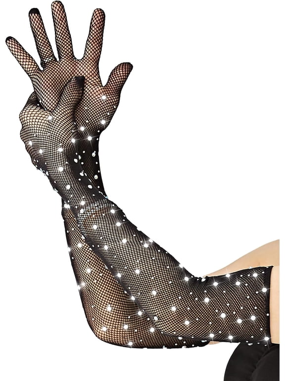 Women Fishnet Rhinestone Gloves Fingerless Kids Fish Net Arm Sleeve Warmers 80s Emo Scene Accessories