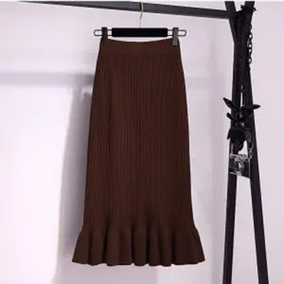 PIKADINGNIS Women High Waist Knitted Skirts Solid Elastic Mermaid Knitting Ribbed Skirt Female Autumn Winter Warm Mid-Long Skirt