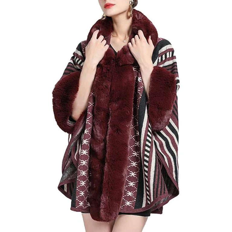 PIKADINGNIS Women Hooded Poncho Shawls Trendy Warm Thick Faux Fur