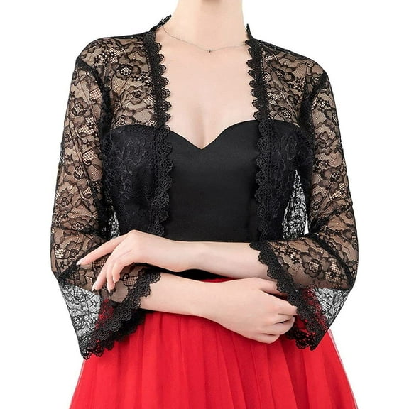PIKADINGNIS Women Lace Wedding Shawls Wrap Bridal Cardigan Embroidered 3/4 Sleeve Sheer Floral Lace Top Covers Up Party