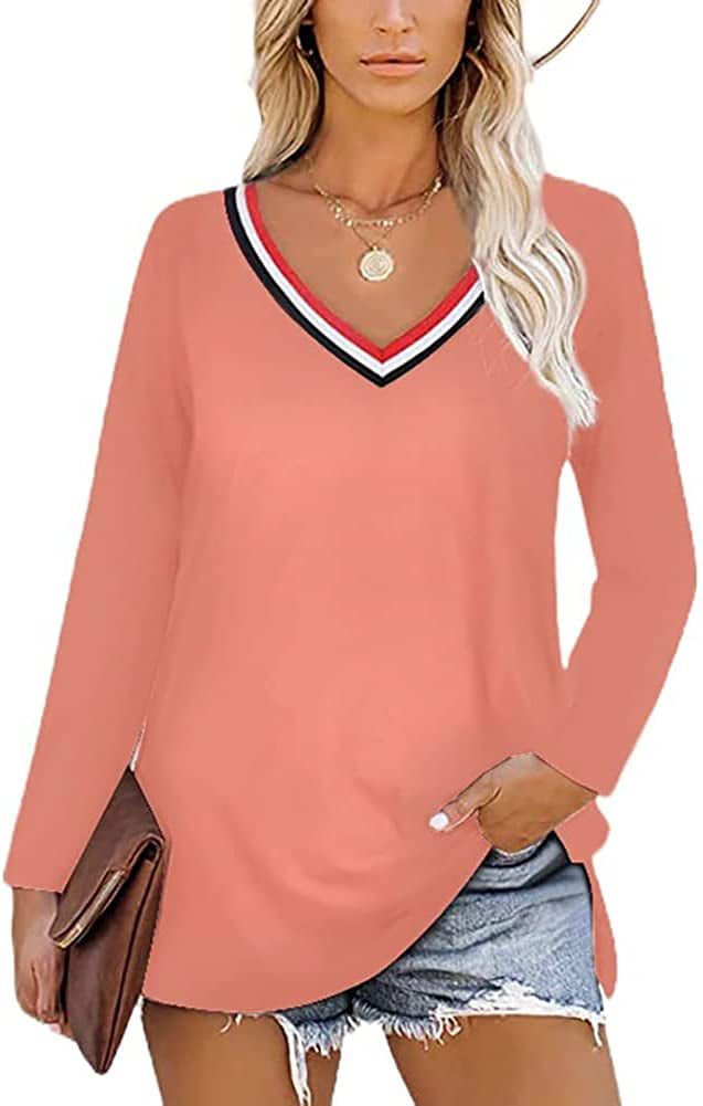 PIKADINGNIS Women Long Sleeve T-Shirt Strip V-Neck Casual Tops Loose Fit  Trendy Blouse Fall Spring Summer Tee 