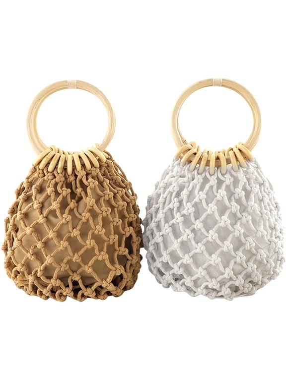 Women Mini Clutch Tote Handbag Top-handle Bucket Drawstring Handbag Beach Woven Handmade Fishing Net Bag Pouch Purse