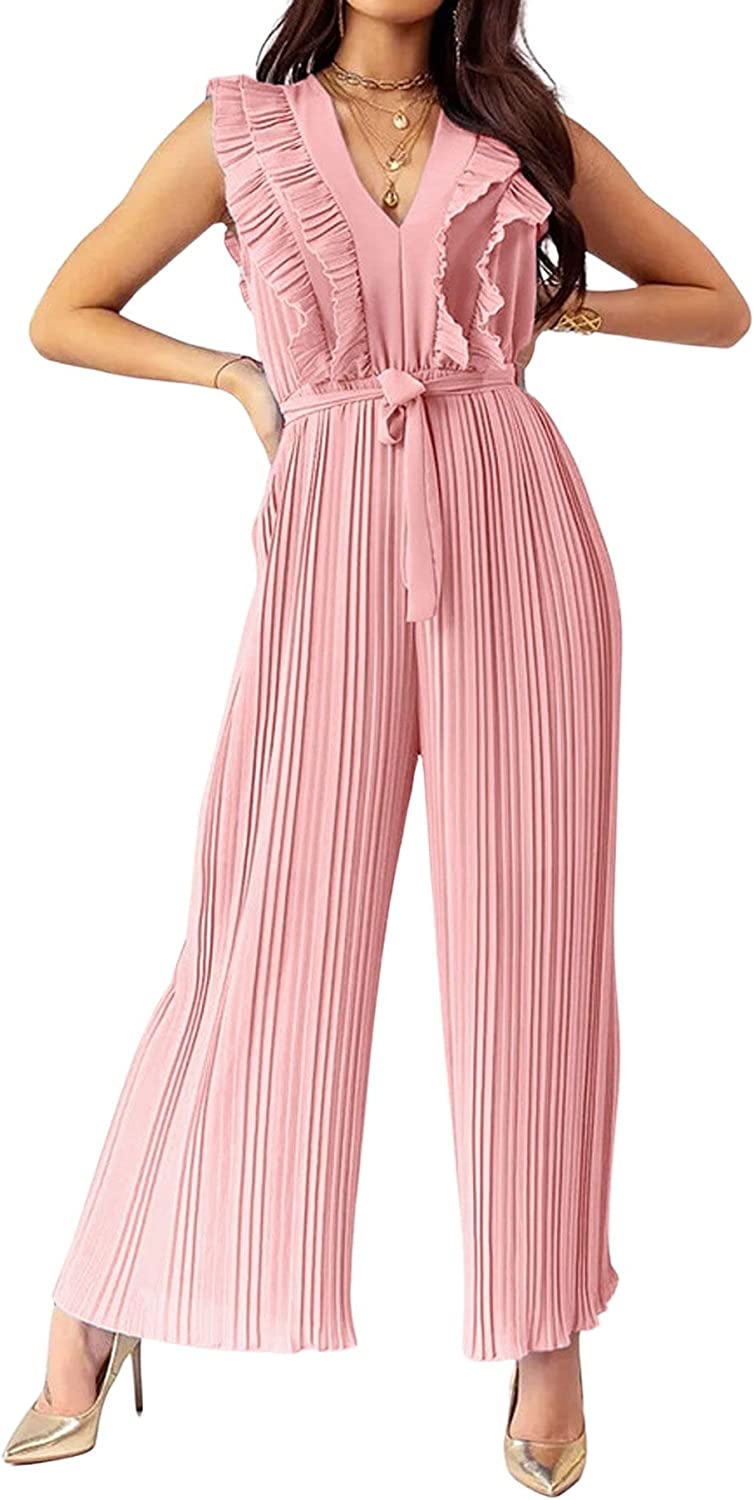 PIKADINGNIS Women Office Work Sleeveless Pleated Tiered Wide Leg Tank