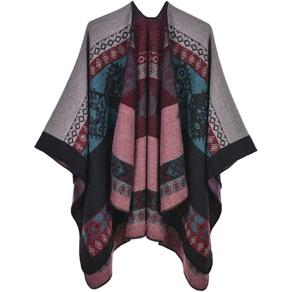 PIKADINGNIS Women Pattern Shawl Warm Long Sweater Open Front Cardigan Coat Cape Wraps Retro Winter Scarf Blanket