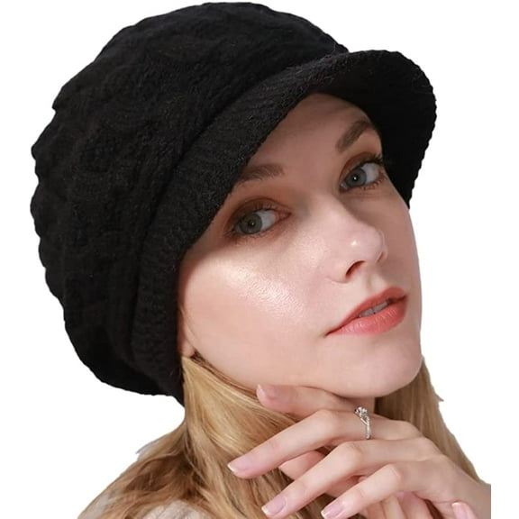 PIKADINGNIS Women Plush Warm Knitted Wool Beret Slouchy Chunky Beanie Skull Warm Winter Visor Hat