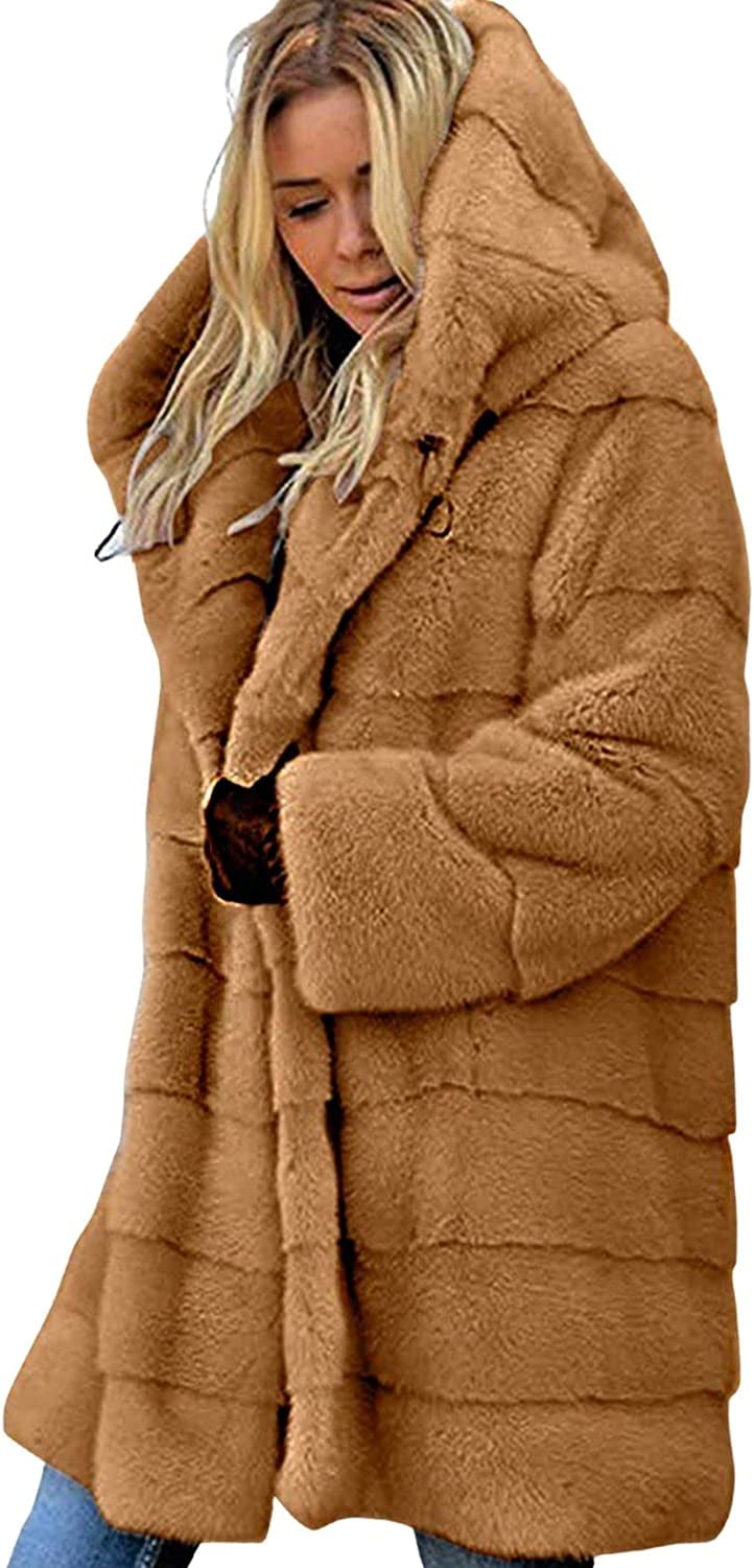 PIKADINGNIS Women Shaggy Faux Fur Coat with Hood Thick Warm Overcoat ...