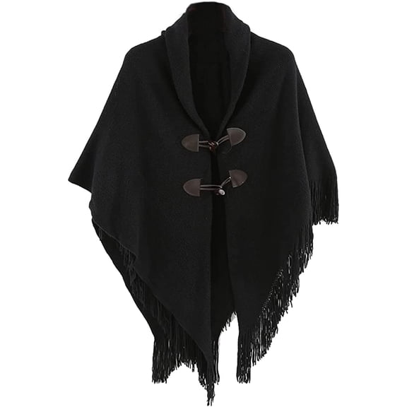 PIKADINGNIS Women Shawl Wraps Button Sweater Cardigan Cape Winter Tassel Soild Poncho with Hat