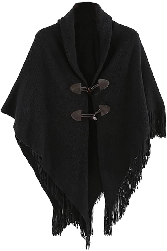 Women Shawl Wraps Button Sweater Cardigan Cape Winter Tassel Soild Poncho with Hat