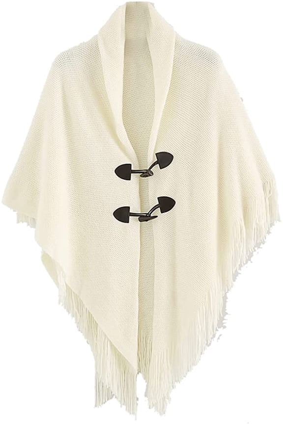 Women Shawl Wraps Button Sweater Cardigan Cape Winter Tassel Soild Poncho with Hat