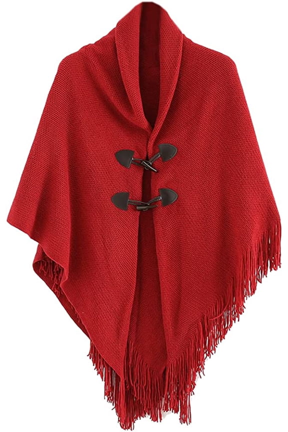 Women Shawl Wraps Button Sweater Cardigan Cape Winter Tassel Soild Poncho with Hat