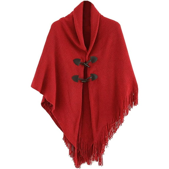 PIKADINGNIS Women Shawl Wraps Button Sweater Cardigan Cape Winter Tassel Soild Poncho with Hat