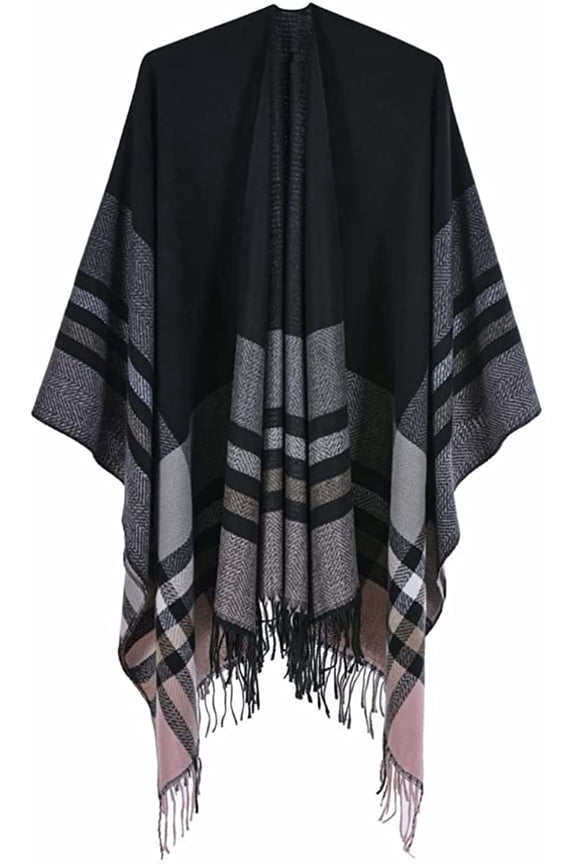 Women Shawl Wraps Poncho Plaid Wram Sweater Cardigan Cape Double Side Blanket Open Front Coat
