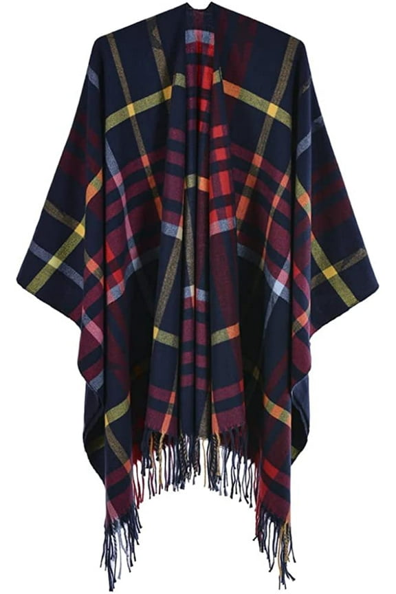 Women Shawl Wraps Poncho Plaid Wram Sweater Cardigan Cape Double Side Blanket Open Front Coat