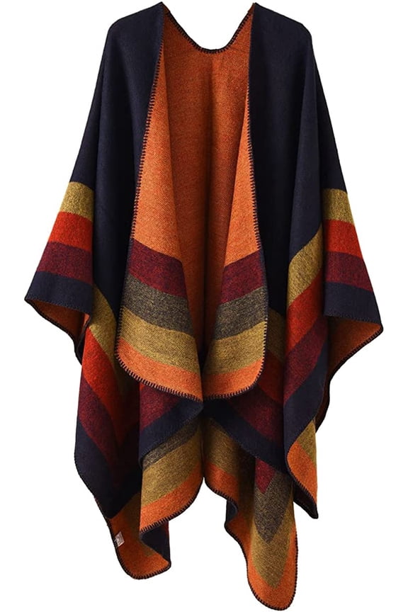 Women Shawl Wraps Stripe Poncho Open Front Sweater Cardigan Coat Cape Fleece Blanket Scarf