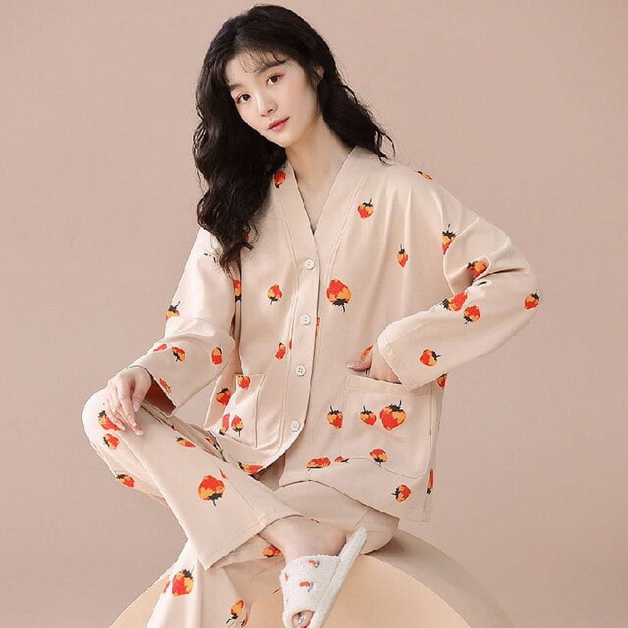 PIKADINGNIS Women Sleepwear Suit Autumn Winter Womens Cotton Long Sleeve  Pajamas Set Loose Adult Mother Sleepwear Set Soft Home Wear Cloth 
