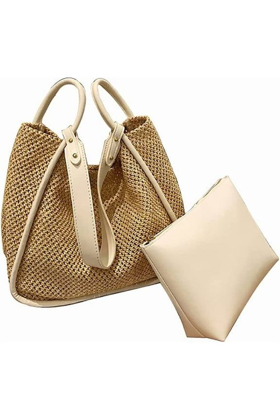 Women Straw Bags Summer Rattan Hand-Woven Beach Large Tote Bag Fashion Handbag with PU Strap