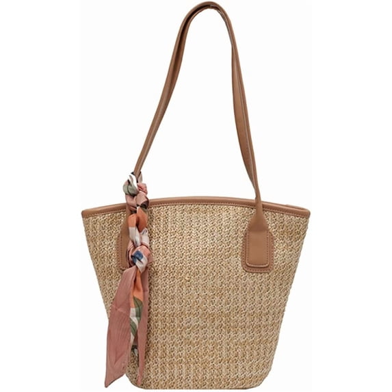 PIKADINGNIS Women Straw Bags Summer Rattan Hand-Woven Beach Large Tote Bag with Silk Scarves