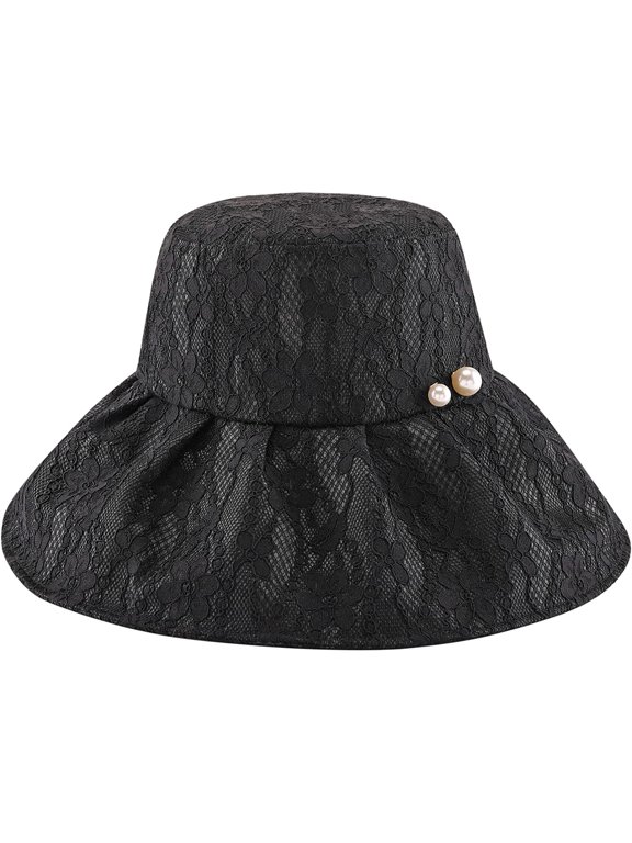 Women Sun Hat Lace Summer Beach Cap Fashion Pearl Foldable Visor Floppy Hats Wide Brim with Bowknot Bucket Cap