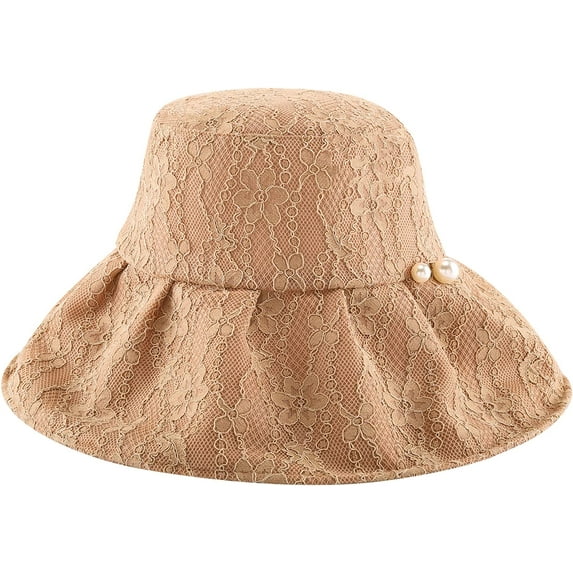PIKADINGNIS Women Sun Hat Lace Summer Beach Cap Fashion Pearl Foldable Visor Floppy Hats Wide Brim with Bowknot Bucket Cap