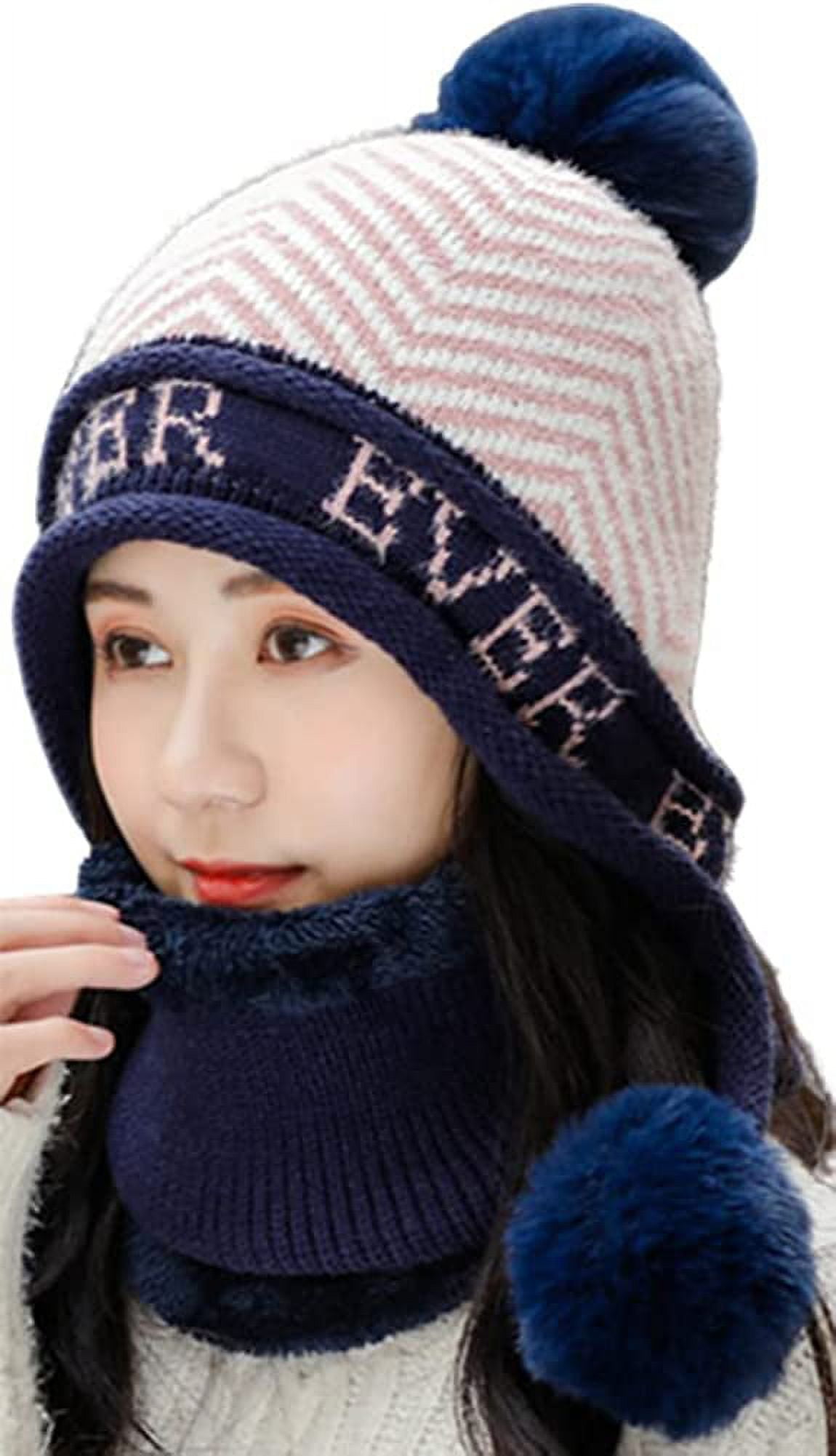 PIKADINGNIS Warm Knitted Womens Hat Striped Winter Hats for Women Double  Fur Pompom Wool Beanies Thick Skullies Cap Faux Pompom Hat Femme 