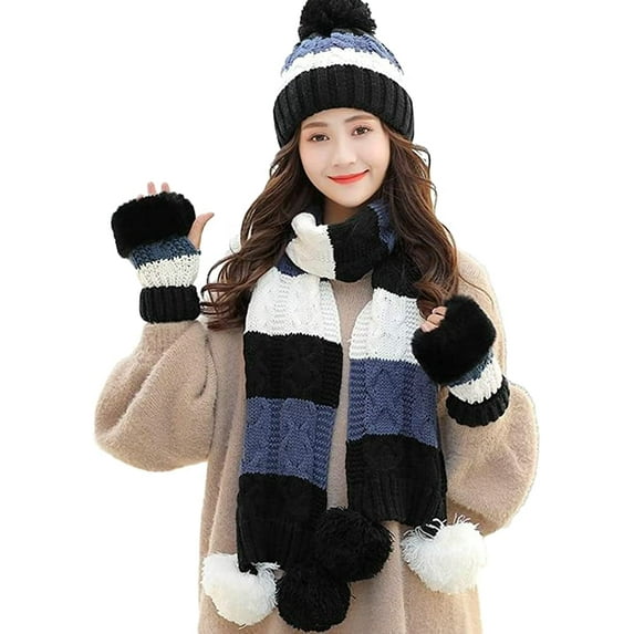 PIKADINGNIS Women Warm Knit Hat Scarf Glove Fuzzy Soft Winter Bearies Chunky Slouchy Cap
