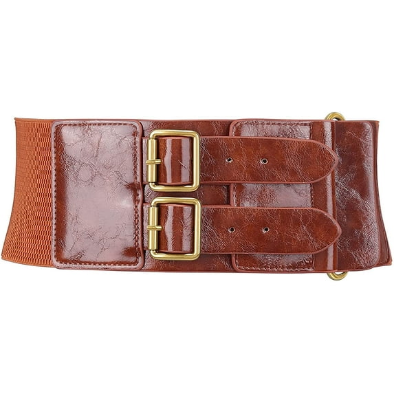 PIKADINGNIS Women Wide Elastic Dress Belt Fashion Stretchy Vintage Belt PU Leather Wide Waist Cinch Belt Double Studded Waistband