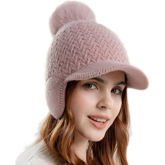 PIKADINGNIS Women Winter Beanie Knitted Hats Visor Warm Earflaps Hat Fleece Lined Cap with Pompom