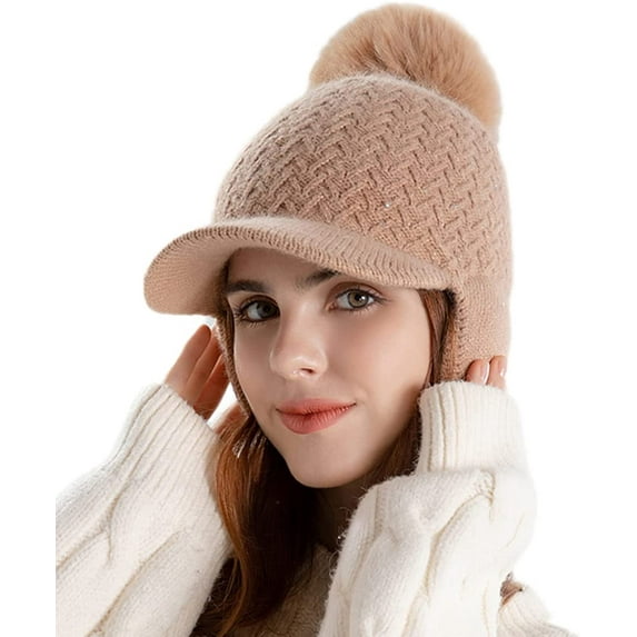 PIKADINGNIS Women Winter Beanie Knitted Hats Visor Warm Earflaps Hat Fleece Lined Cap with Pompom