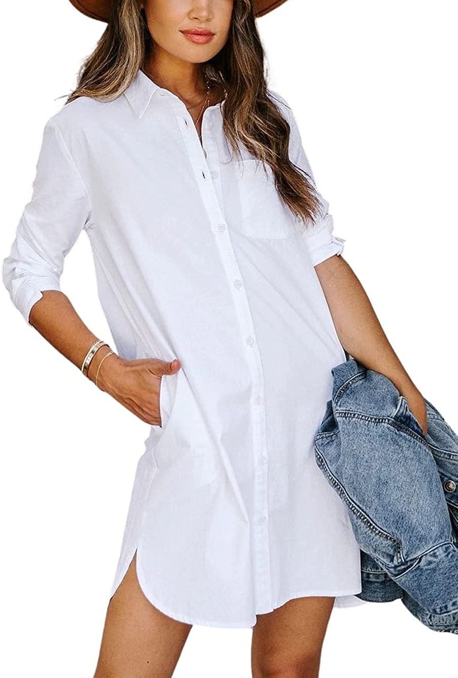 PIKADINGNIS Women's Elegant Spread Collar Button Down Slit Midi Long