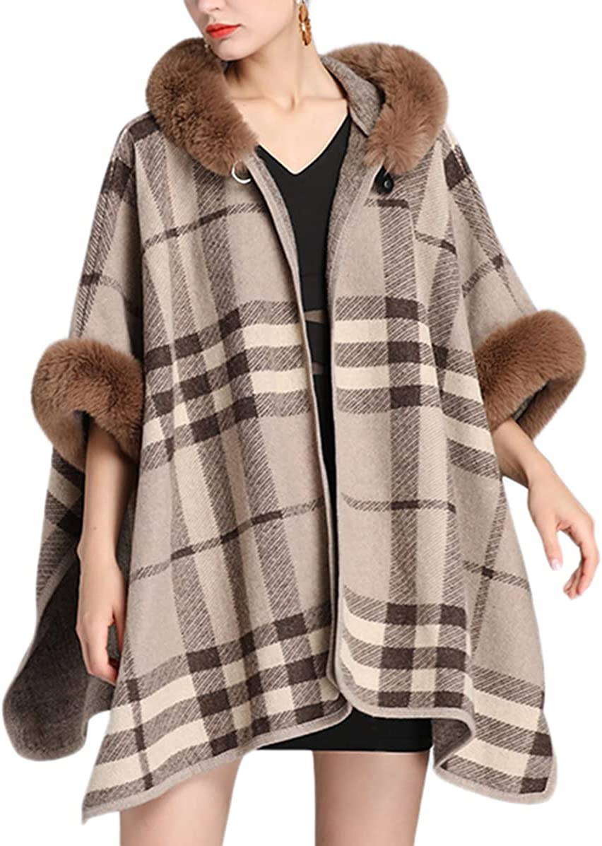 PIKADINGNIS Women's Faux Fur Trim Hood Poncho Faux Rabbit Fur Cape Wrap Shawl Coat Cardigan - image 1 of 5