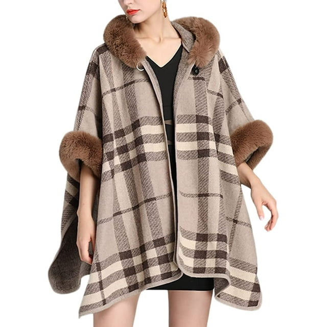 PIKADINGNIS Women's Faux Fur Trim Hood Poncho Faux Rabbit Fur Cape Wrap Shawl Coat Cardigan