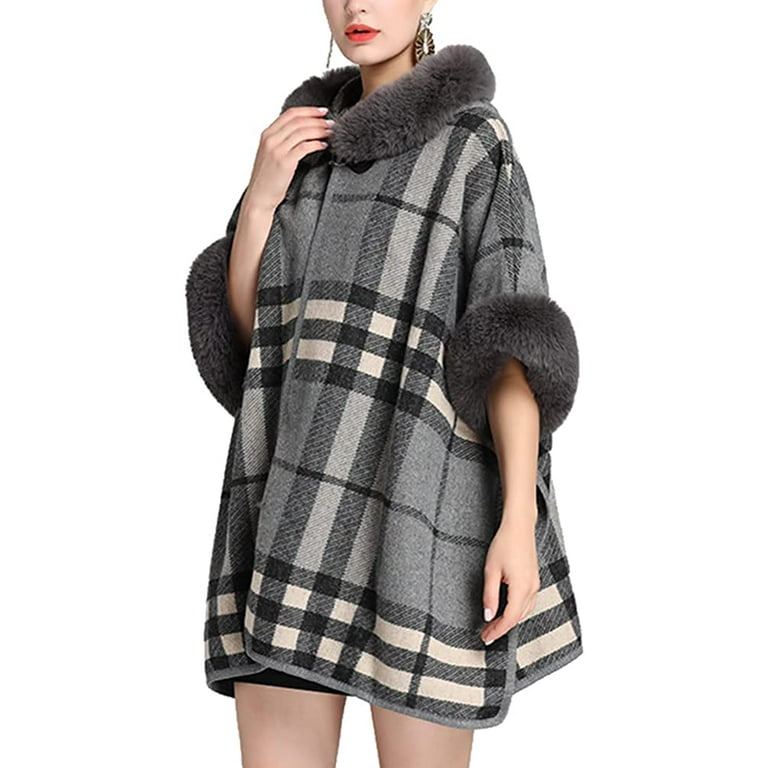 PIKADINGNIS Women s Faux Fur Trim Hood Poncho Faux Rabbit Fur Cape Wrap Shawl Coat Cardigan Walmart