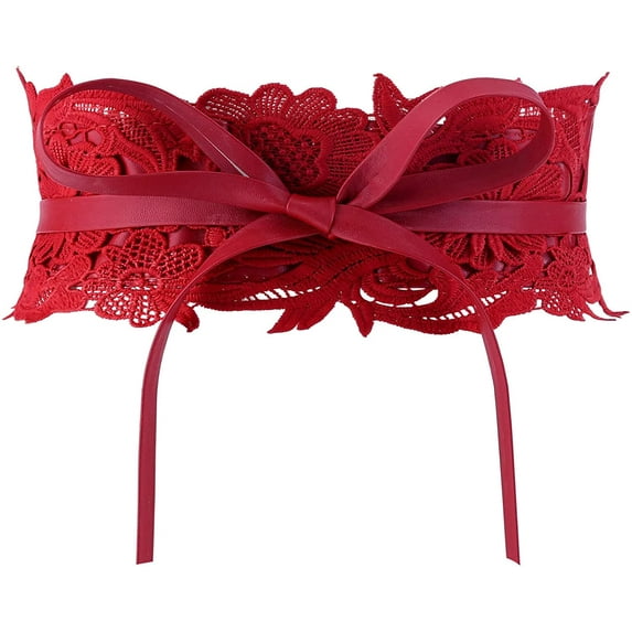 PIKADINGNIS Women's Lace Waist Belt Obi Bowknot Cinch Wide Belt Bow Tie Wrap Boho Corset Dress Waist Band Pu Leather
