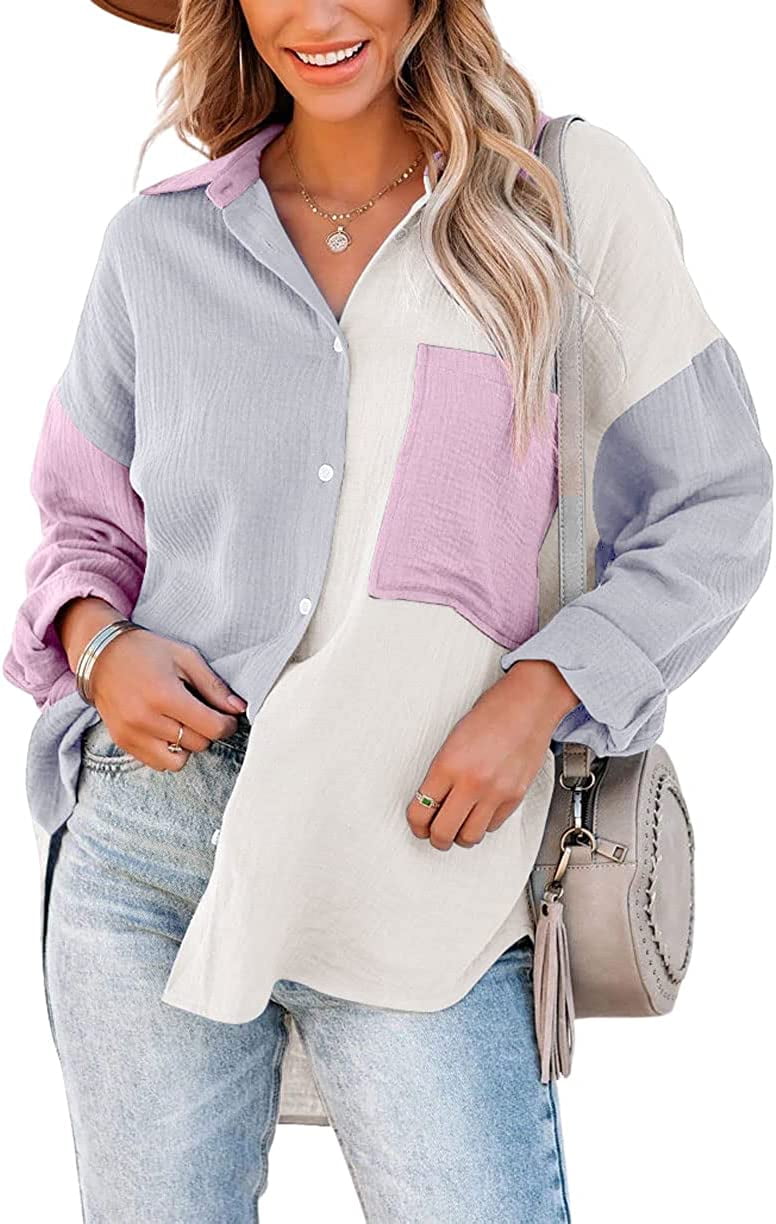 Women's Oversized Color Block Button Down Shirt Drop Long Sleeve