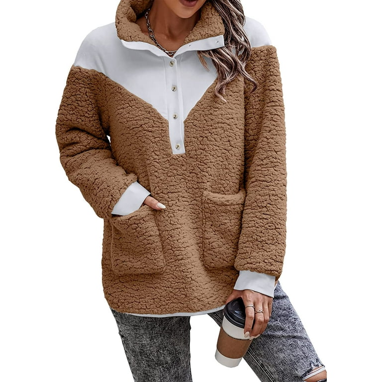 PIKADINGNIS Women s Oversized Sherpa Pullover Button Collar Color