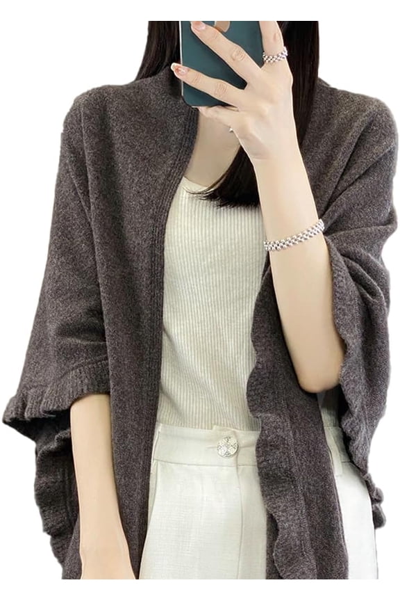 Women's Ruffle Trim Knit Open Front Poncho Cape Shawl Cozy and Stylish Wraps LightWeight Pashmina Scarf for Cold Weather