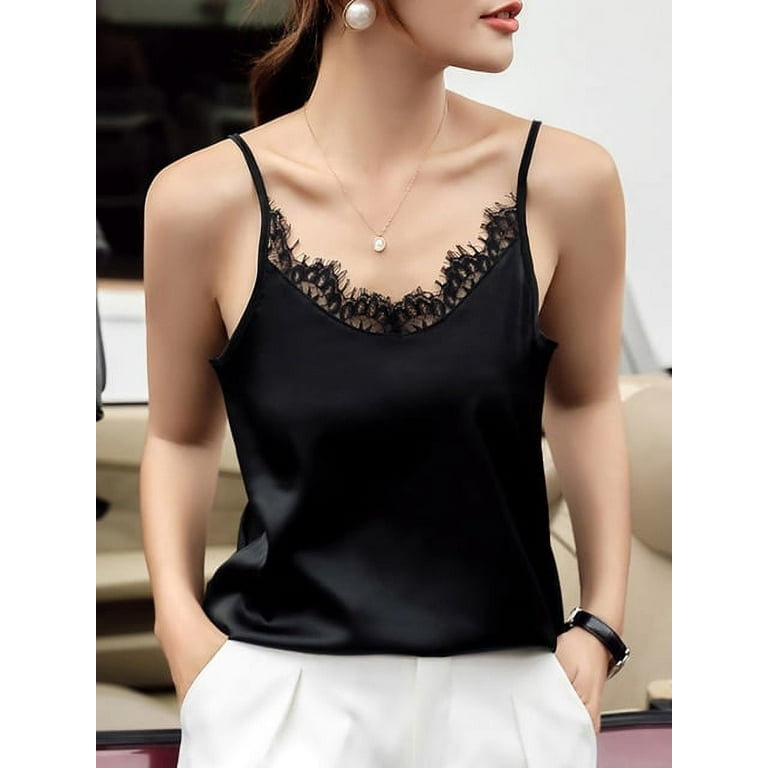 PIKADINGNIS Women's Satin Summer Tops For Women V Neck Sleeveless Lace Tank  Tops Women Summer Female Silk Top With Lace