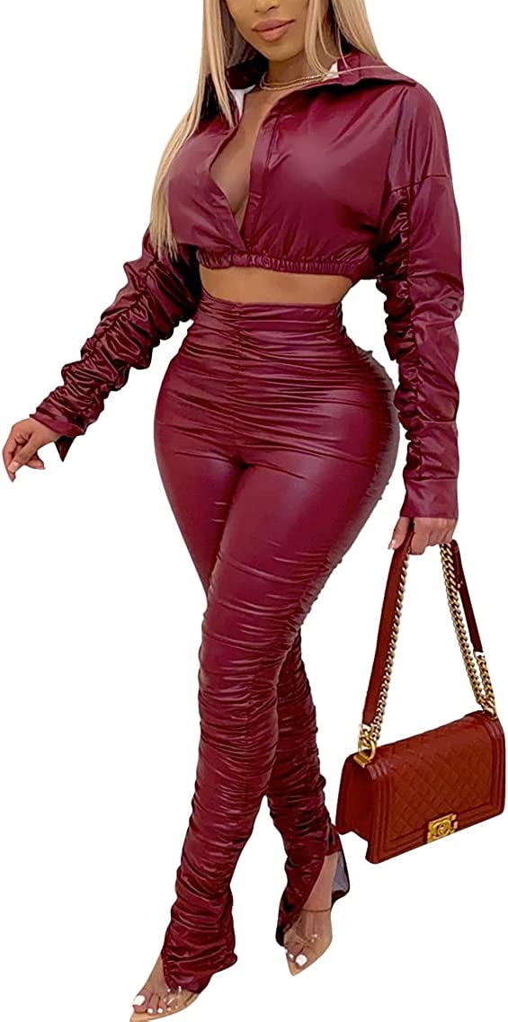 Two Piece Set Women Tracksuit Ruched Top Stacked Pants Sweat Suits
