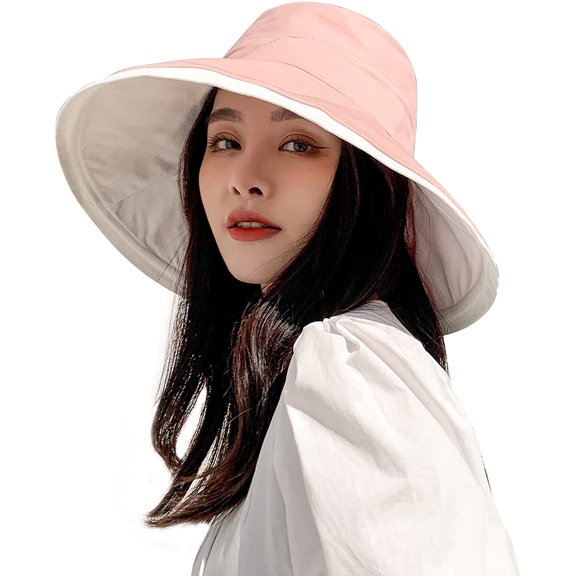 PIKADINGNIS Women's Sun Hat Cotton Bucket Hat Fashion Summer Beach Wide Brim Hat Travel Packable Reversible Double-Side-Wear Cap
