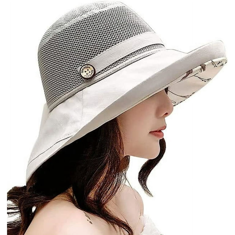 PIKADINGNIS Women's Traveling Sun Hats, Summer Mesh Lightweight Floral  Bucket Cap with Chin Strap, UV Protection Wide Brim Beach Hats 