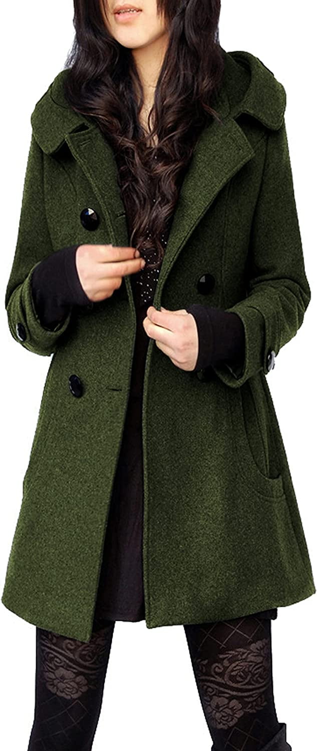 PIKADINGNIS Women s Warm Double Breasted Wool Pea Coat Trench Coat