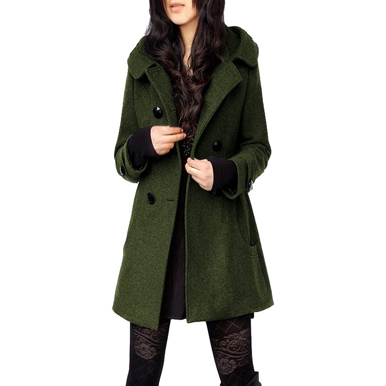 PIKADINGNIS Women's Winter Long Wool Coats Elegant Double Breasted Pea Coat  Jackets with Belt 