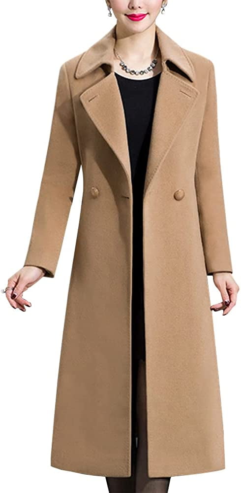 PIKADINGNIS Women's Winter Long Wool Coats Elegant Double Breasted Pea Coat  Jackets with Belt 