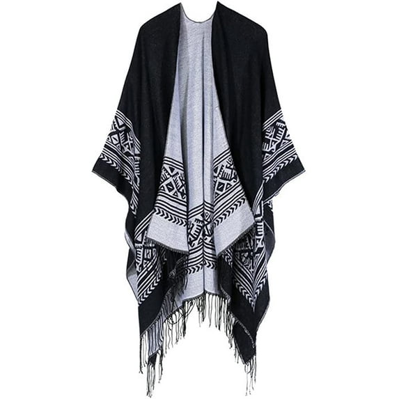 PIKADINGNIS Women's Winter Poncho Capes Vintage Open Front Tassel Blanket Shawl Wrap Cardigan Coat