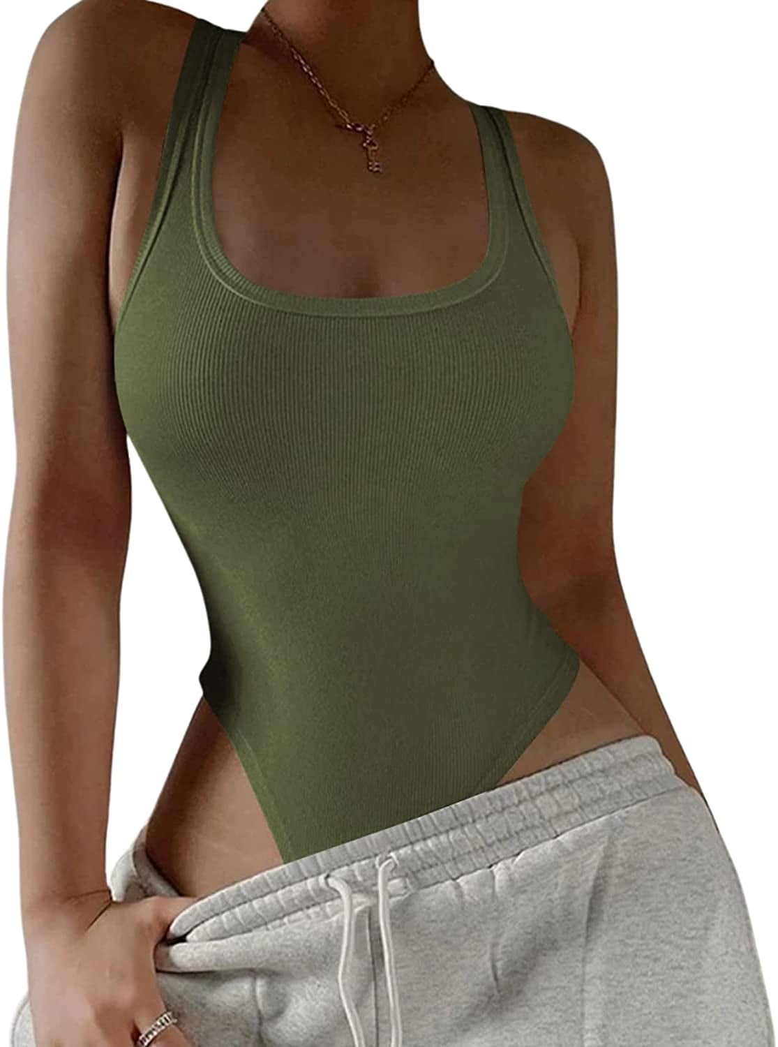 PIKADINGNIS Women's Y2k Sexy Sleeveless Bodysuit Ribbed Tank Top