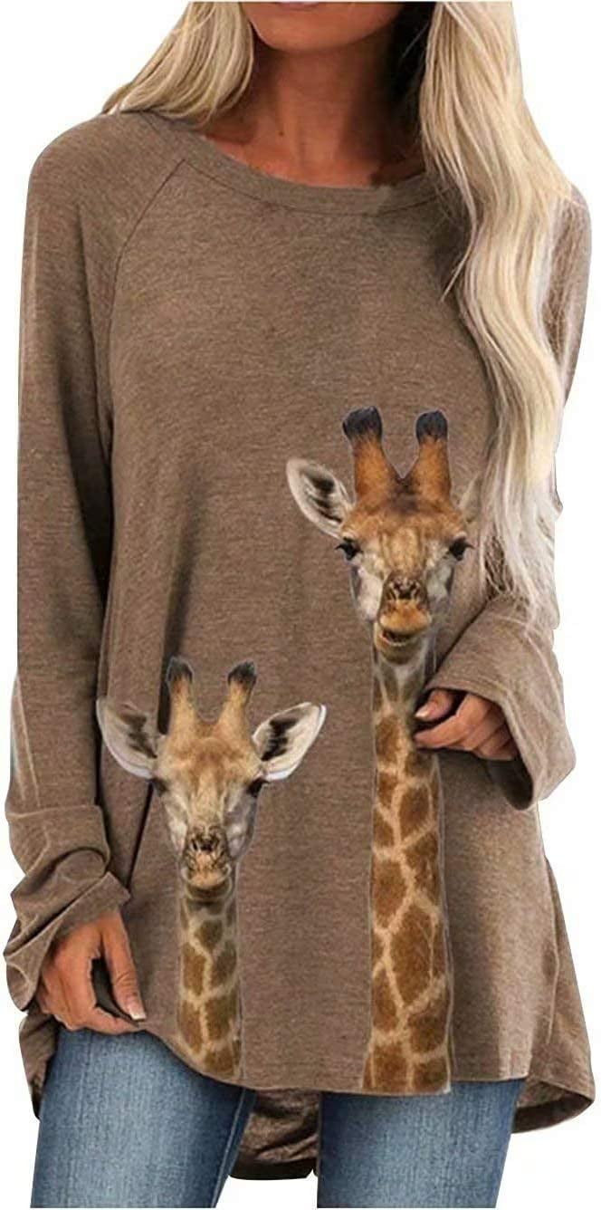 PIKADINGNIS Womens Cute Giraffe Graphic Long Sleeve T Shirt Casual