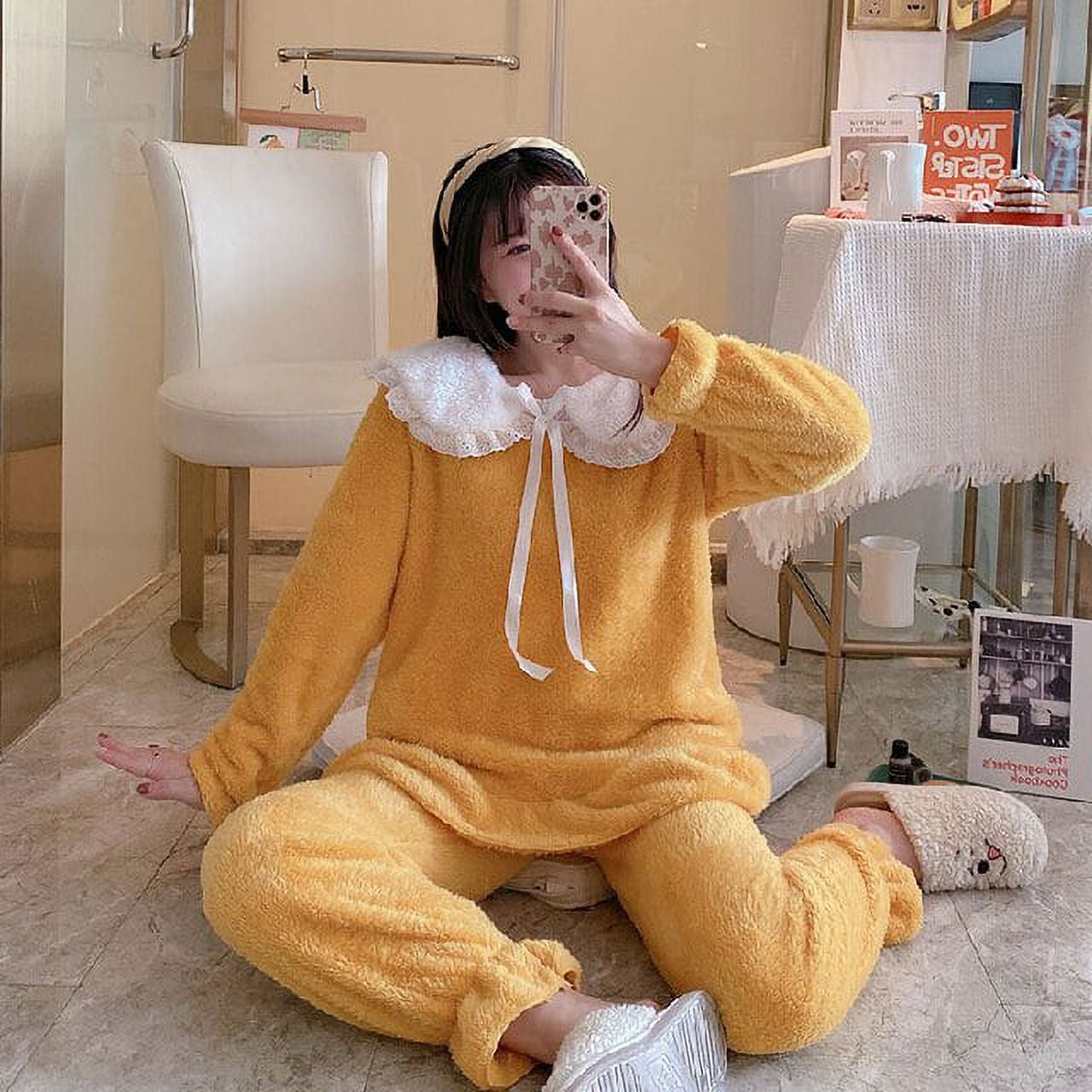 PIKADINGNIS Womens Pajamas Set Winter Leisure Elastic Waist Warm Flannel  Sleepwear Set Womens Long Sleeve Nightwear Girl Homewear Clothes