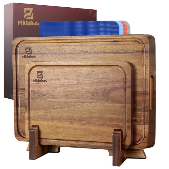 PIKLOHAS Wood Cutting Boards, 7 Pieces Over Sink Chopping Board with Holder, Plastic Cutting Board Mats, Juice Groove, Handle Hole, Reversible Butcher Block for Meat Cheese Bread