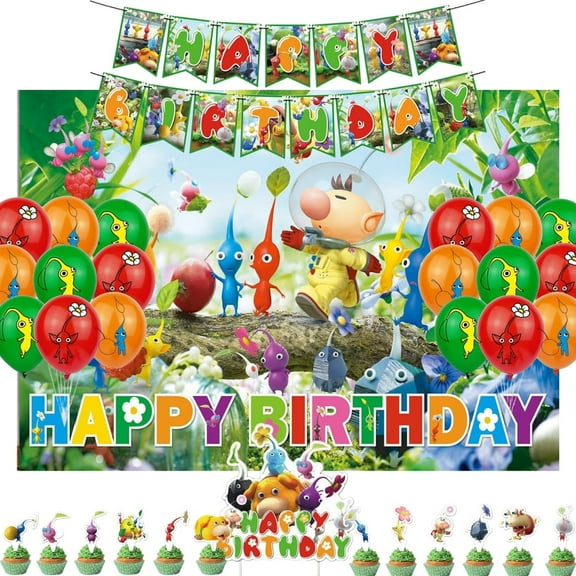 PIKMIN Theme Cartoon style Birthday Decoration KitsParty Supplies Including Banner, Balloons, Cake Toppers, Cupcake ToppersBackground Flag.